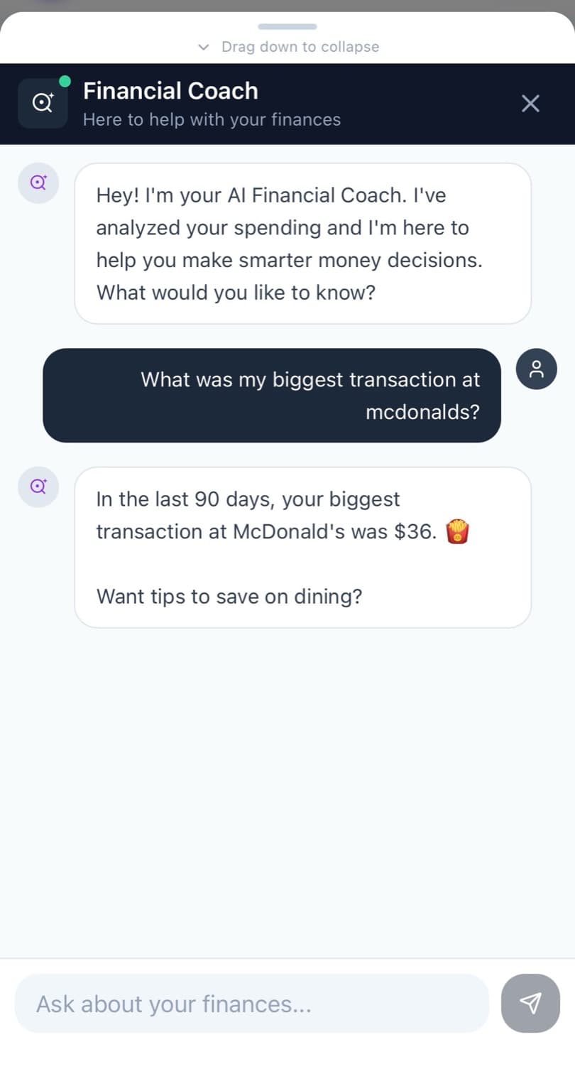 ClarifiQ AI coach answering a question about a McDonald's transaction